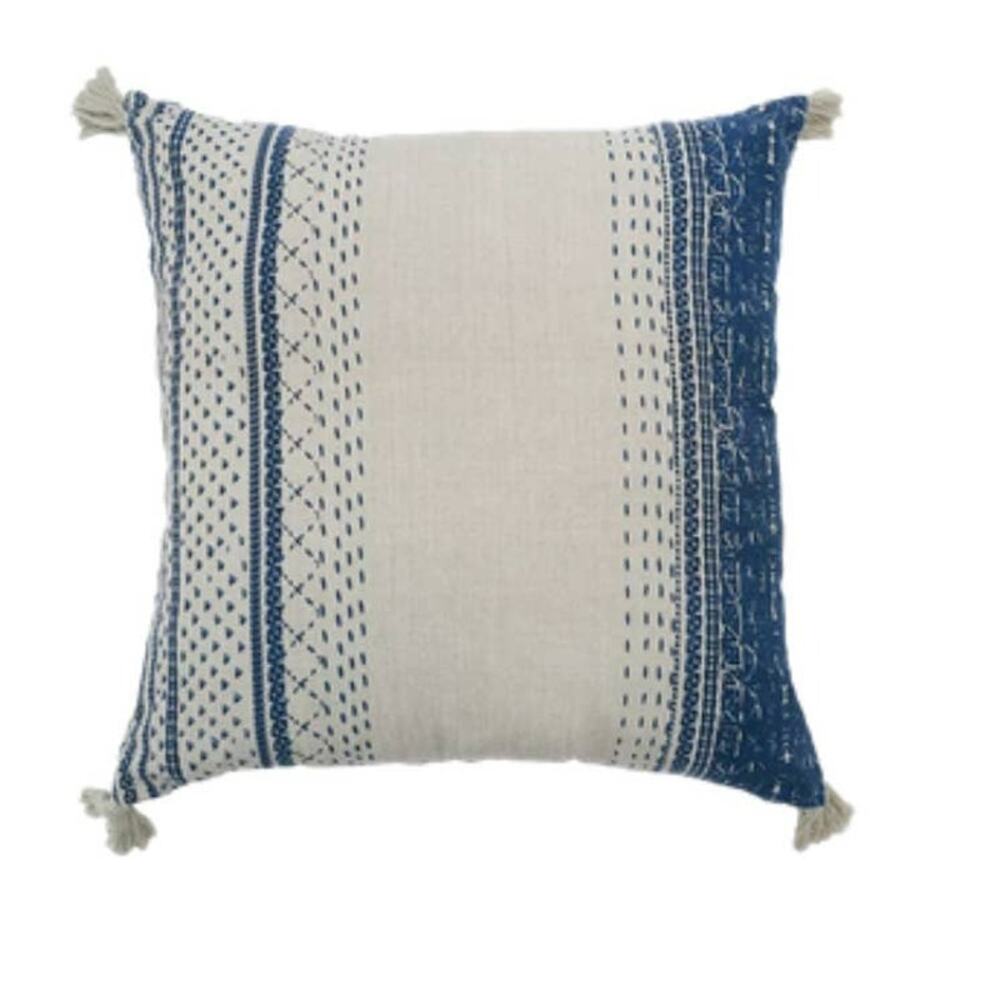 Carol& Frank blue and cream tassel striped printed decorative throw pillow 18X18